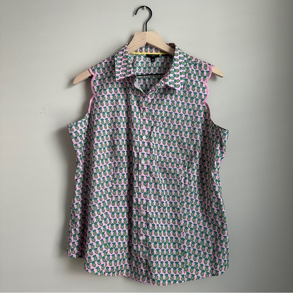 Talbots Petites 16P Pineapple Print Sleeveless Button Down Top Pink Scallop - Picture 2 of 7
